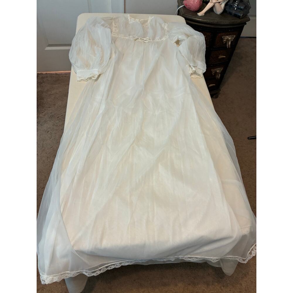 Vintage Olga Nightgown White Sheer Nylon Lace Trim Romantic Bridal Cottagecore L